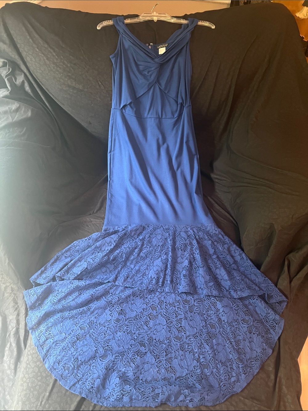 NWOT size S VENUS Cobalt Blue Lace-Hem High-Low Maxi Dress
